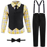 Boys Suit Toddler Kids Black Suits for Boys Ring Bearer Suspenders Outfit Boy's Dress Vest Pants Plaid Shirt Suit Set Size 4