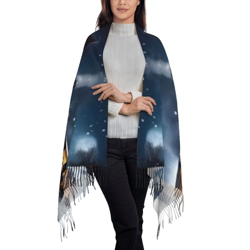 Winter Christmas Snow Night Railway Train Print Tassel Scarf For Women Men,Soft Scarf Shawl For Winter Fashion, Lightweight Scarf Shawl3
