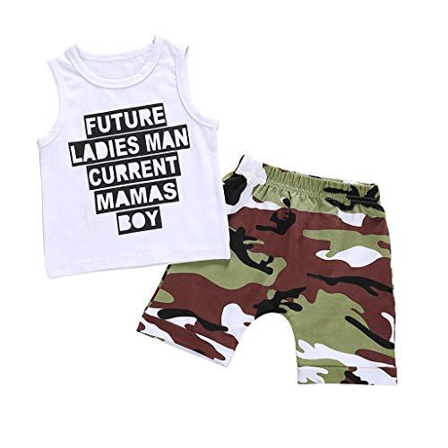 SSZZoo Infant Baby Kid Boy Summer Outfits Letter Printed Vest Tops+Camouflage Shorts Set (White, 3-6 Months)