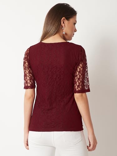 Image of Miss Chase Women's Round Neck Half Sleeves Cotton Lace and Pearl Detailing