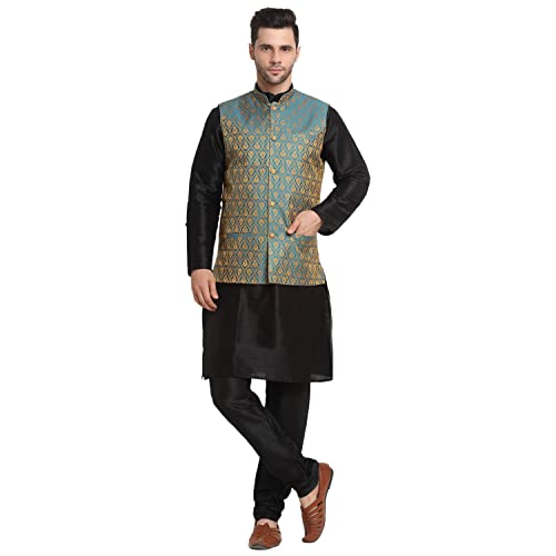 Image of KRAFT INDIA Mens Gold Silk Blend Kurta and Churidar Set With Jacquard Paisley Nehru Jacket
