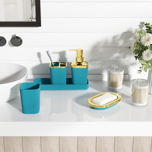XLHOMO Bathroom Set - Teal Blue Bathroom Accessories Set, Bathroom Sets with Shower Curtain and Rugs, Teal Blue Shower Curtain Set with Bathroom Trash Can, Soap Dispenser, Soap Dish for Home Decor by XLHOMO - Used condition - Image 3