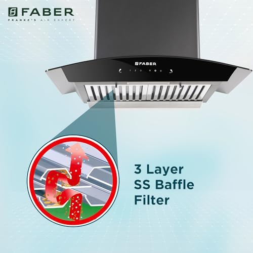 Image of Faber 60 cm 1320 m /hr Curved Glass Kitchen Chimney | 3 Layer Baffle Filter | Gravity Suction| Touch&Gesture Control | Oil Collector | 12 years warranty on Motor| Hood Feel Pro TC SC BF BK 60 | Black