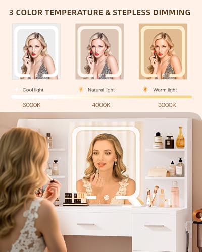 Image of LIVELYGLOW 43 inch Large White Makeup Vanity Desk with Charging Station | Smart LED Mirror, Hairdryer Holder, 7 Drawers, 4 Shelves