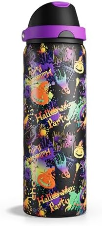 Halloween Insulated Water Bottle with Straw - Stainless Steel Water Bottle with Push Button Lid, Leak-Proof BPA-Free, Keeps Cold for 24 Hours for Halloween gifts, Party (32 oz, Ghost Party)