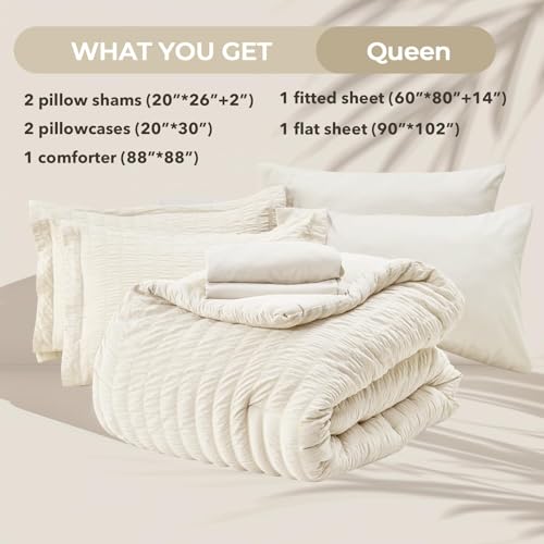 Image of HYMOKEGE Ivory Queen Comforter Set Seersucker 7 Pieces, All Season Luxury Bed in a Bag for Bedroom, Bedding Set with Comforters, Sheets, Pillowcases & Shams