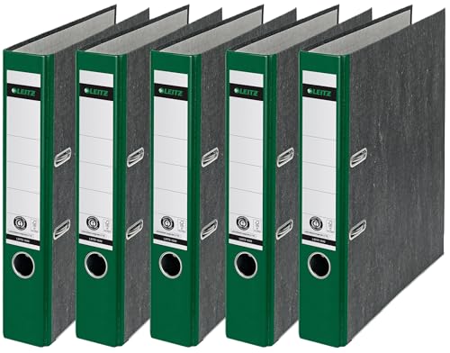 Leitz Qualitäts-Ordner, das Original, DIN A4 Aktenordner 8 cm breit, Wolkenmarmor-Papier, Recycling-Ordner, Blauer Engel, Mit 180° Mechanik, Höchste Stabilität (Schmal, Grün, 5 Stück)
