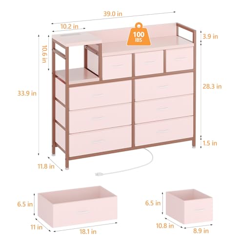 GarveeHome 9-Drawer Storage Bedroom Dresser TV Stand | Multi-Functional with Built-in Charging Station, Tall Dresser for Closet Organization, Kids Room & Apartments, Pink