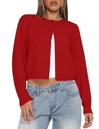 Kistore Cropped Cardigan Sweaters for Women Crew Neck Long Sleeve Button Up Lightweight Cozy Knit Trendy Sweaters Red Small