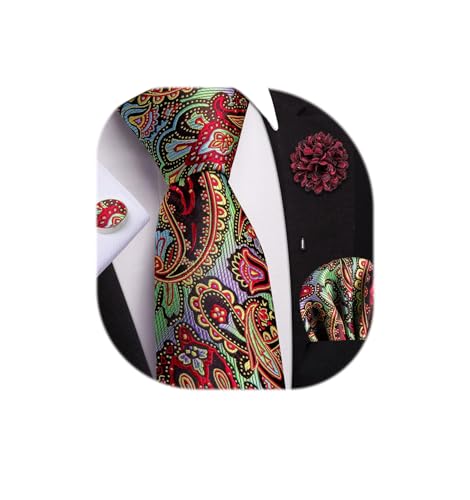 Image of Dubulle Mens Tie and Lapel Pin Paisley Striped Floral Necktie for Men Pocket Square Cufflinks 4PCS Set Wedding Party