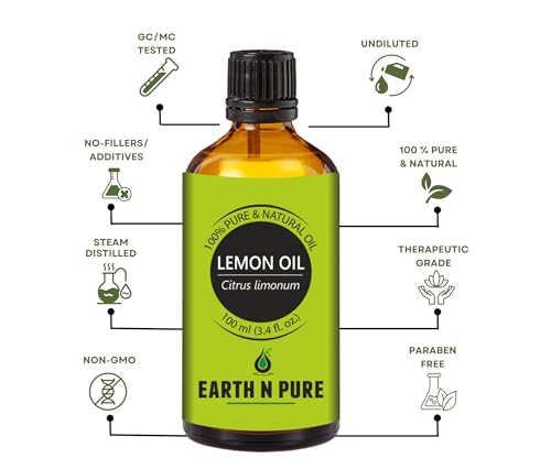 Image of Earth N Pure Lemon Essential Oil 100% Pure & Natural | for Diffuser, Aromatherapy, Skin Care, Hair Care & Cleaning | Citrus Aroma for Fresh Mood & Home Use | Undiluted Therapeutic Grade - 100ml