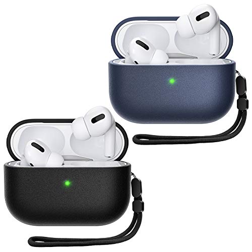 JIELIELE Airpods Pro Case for Men, Leather Texture Air Pod Pro Case with Hand Strap for Apple Airpods Pro, Shockproof Airpods Pro Case Cover, Full-Body Rugged Protective Pro Case Cover (Black, Blue)