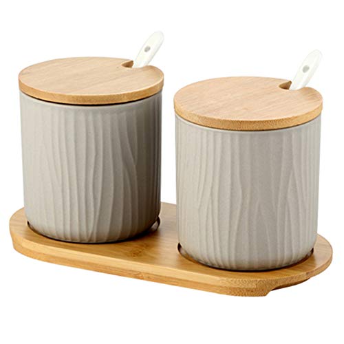 OnePine 2er Set Keramik Gewürzdosen Zuckerdose Keramik Zucker Schüssel mit Löffel und Bambus Deckel für Tee Zucker Salz Gewürze Bei Zuhause… – Ansicht 1