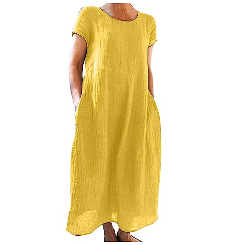 Leinenkleider Damen Sommer, Sommerkleid Damen Mit Taschen Strandkleid Frühling Vintage Kleider Große Größen Leinen Tunika Tshirt Kleid Musselin...