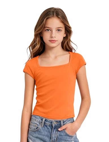 Image of Crop Tops for Girls Short Sleeve Shirt Girls Summer Tops Square Neck Slim Fit Tops Basic Tee