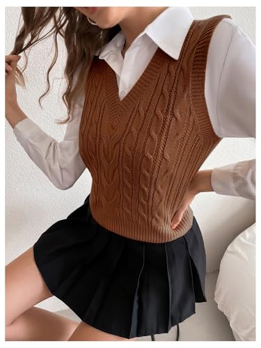 Image of Milumia Women's Cable Knit V Neck Sweater Vest Sleeveless Ribbed Crop Tank Top