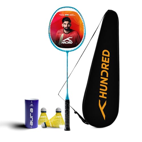 Image of Hundred Powertek 200 Aluminium Badminton Racket Combo, 1 Strung Racket with Full Cover & 3 Aura Nylon Shuttlecocks, Lightweight Shuttle Bats for Match Play