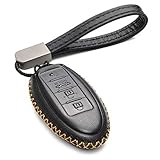 Vitodeco Nissan & Infiniti Leather Keyless Entry Remote Control Smart Key Case Cover with Braided Key Chain (4 Buttons, Black)
