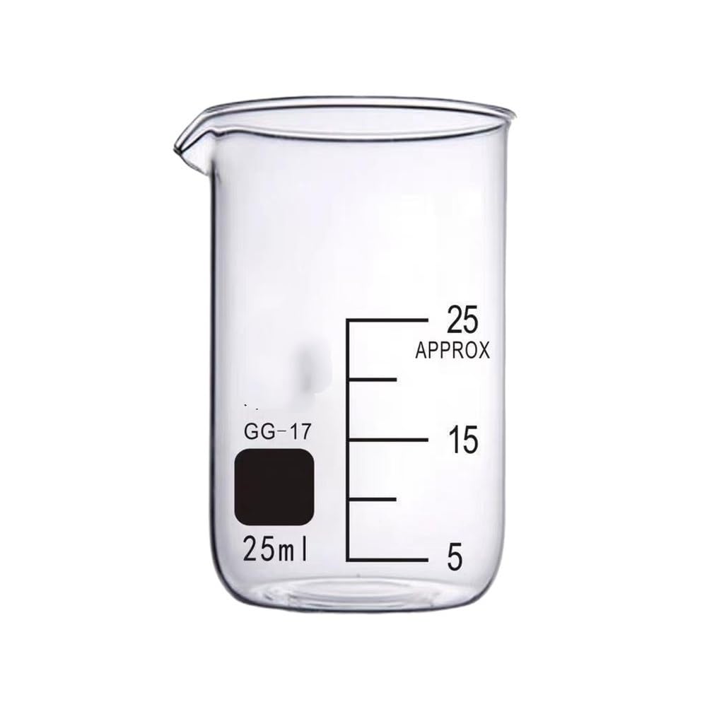 Vaso medidor de Vidrio para Pruebas de Laboratorio, Vaso medidor para experimentos, cristalería volumétrica, Vasos Transparentes con Capacidad de 5 ml, 10 ml, 25 ml y 50 ml (10) (25)