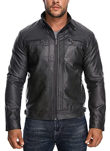 HOOD CREW Men’s Stand Collar Leather Jacket Casual Faux Leather Motorcycle Jacket Outerwear Coat with Zipper Pockets2