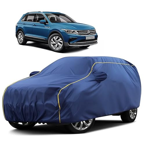 Image of Sulfar 100% Water Resistant Car Body Cover Compatible with Mirror for Volkswagen Tiguan (Triple Stitched, Full Bottom Elastic, Blue Taffeta with Yellow Piping)