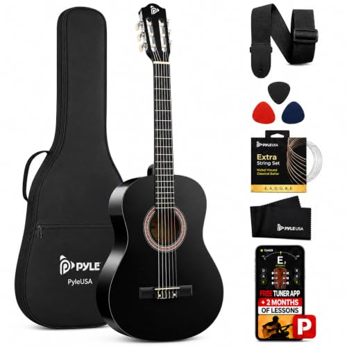 Pyle Classical Acoustic Guitar Kit 3/4 Junior Size All Wood Instrument for Beginner Kids Adults 36 Glossy Black