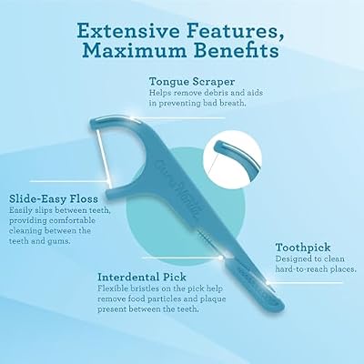 GuruNanda Quad Clean Floss Picks 4-in-1 with Tongue Scraper, Interdental Pik & Toothpick, Non-Shred Dyneema Thread, with Xylitol & Baking Soda, 50ct