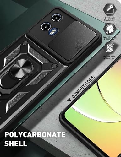 Image of Designerz hub Moto G35 5G Back Cover | Heavy Duty Hybrid Case with 360 Degree Rotating Finger Ring Holder + Slider Shutter Camera Protection Case for Moto G35 5G - Black