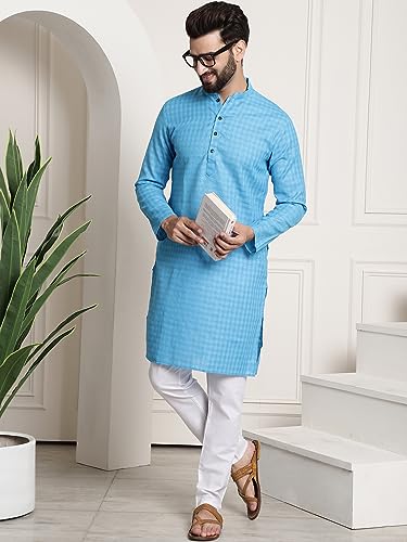 Image of SOJANYA (Since 1958 Men's Cotton Blend Checked Kurta and Churidar Pyjama Set