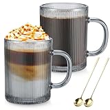 Anhow Tasse a Cafe, 350 ml Verre Matcha avec Cuillères Gris Lot de 2 Verre a Eau rayé pour Cappuccino, Expresso, Latte, Thé, Lait, Jus Boissons, Gris, 350 ml