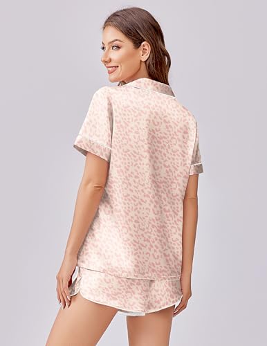 Image of Ekouaer Womens Silk Satin Pajama Set Print Short Sleeve Sleepwear Button Down Pjs Shorts Set Loungewear Apricot Leopard XXL