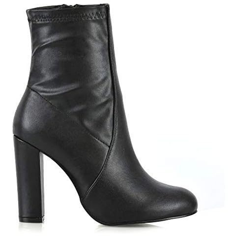 Womens High Rise Block Heel Zip Up Booties Shoes Ladies Round Toe Stretch Sock Ankle Boots 3-8 Black Synthetic Leather Cover