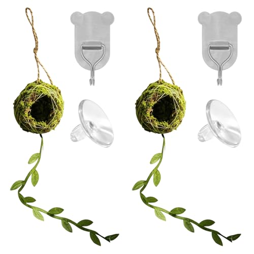 2Pcs Abri en Mousse pour Araignée Sauteuse et Gecko, Accessoire Terrarium avec Sangle de Suspension & Crochets Adhésifs, Cachette Naturelle Faite Main avec Vigne, Habitat Mignon pour