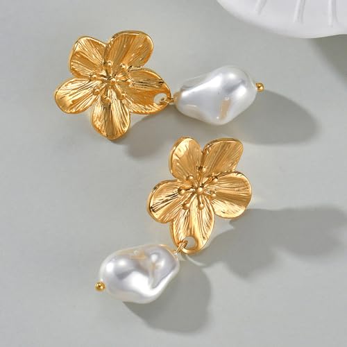 Kokoma Bohemian Flower Earrings for Women Mom Stainless Steel Baroque Pearls Dangle Drop Stud Earrings Elegant Ear Jewelry for Mother4