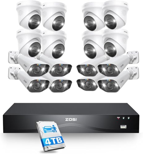 Image of ZOSI 4K PoE Security Camera System, 16x 8MP Bullet Dome Cameras, 4TB HDD | Face /Person /Vehicle Detection, Color Night Vision, 2 Way Audio, 16CH 8MP Dual Bay NVR for Business Outdoor 24 /7 Recording