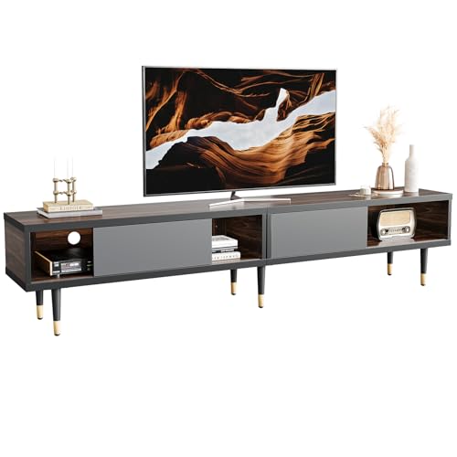 Bestier Mid Century Modern TV Stand for 85 inch tv, Entertainment Center with Storage and Sliding Doors, 2 in 1 Long TV Cabinet for Living Room, Walnut and Black