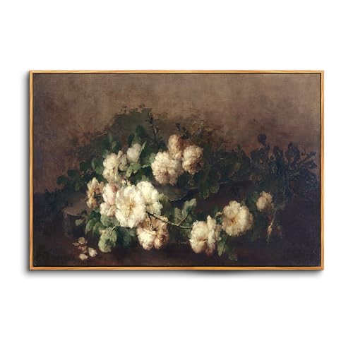 hyidecorart Wooden Framed Canvas Wall Art for Living Room Large, 24"x36" White Flower Vintage Bedroom Decor Aesthetic, Paintings Artwork Wall Decorations for Office Bathroom Hallway Dining Room