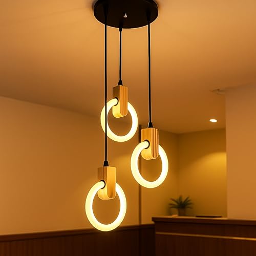 Image of Lampmaster 3-Ring LED Pendant Light | Modern Hanging Ceiling Lamp with Wooden Accent & Warm White Glow | Decorative Chandelier for Living Room, Dining Room, Bedroom, Restaurants & Cafe Interior