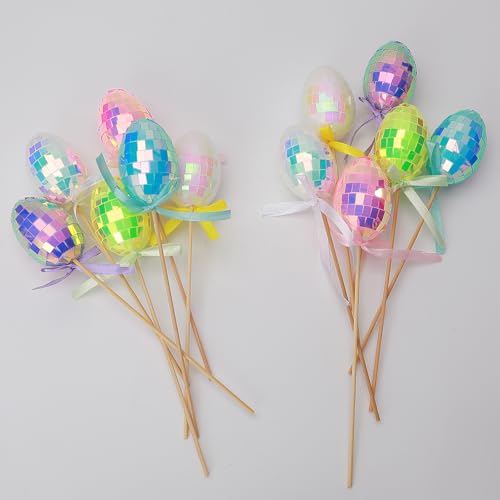 HDLJIAL Ostereier Picks, 12 Pack Disco Ball Glitter Ostereier, Pastellfarben mit Bänder, Funkel Eier Stäbchen für Osterdekorationen, Osterbaum, Mittelstück, DIY-Handwerk, Partybedarf