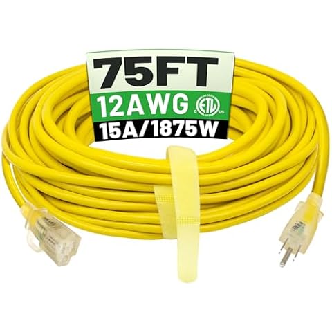 POWGRN 12/3 75 Ft Outdoor Extension Cord Waterproof Heavy Duty with Lighted Indicator 12 Gauge 3 Prong, Flexible Cold-Resistant Long Power Cord Outside, 15Amp 1875W SJTW Yellow ETL Listed Cover