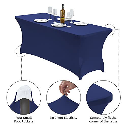 Image of CWK 6FT Waterproof Stretch Spandex Table Cover for Rectangular Tables - Elastic Fitted Tablecloth for Folding Tables,Wrinkle Resistant Table Cloth for Parties, Weddings, Banquets & Events (Blue)