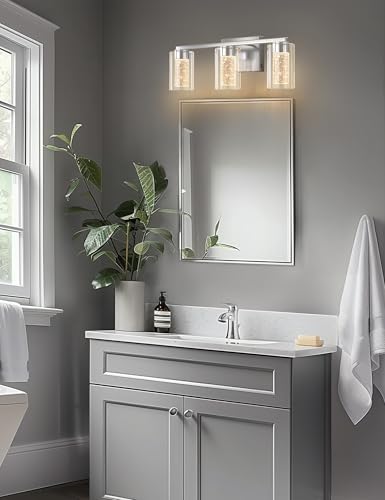 Image of DORESshop 3-Light Brushed Nickel Bathroom Lighting Fixtures Over Mirror, LED Vanity Light for Bathroom with Crystal Bubble, White /Neutral /Warm Dimmable Vanity Lighting Fixtures with Clear Glass Shade