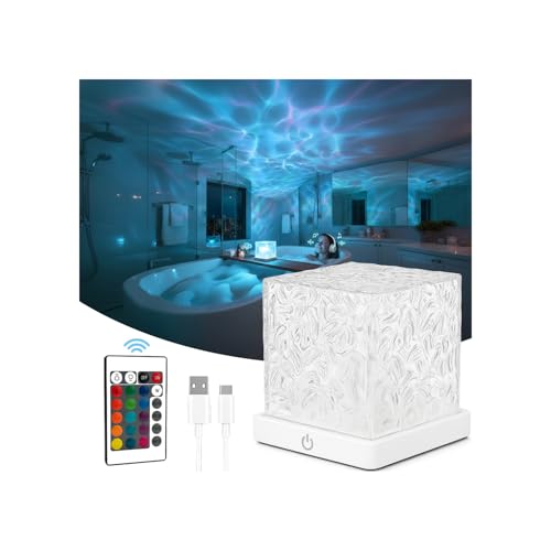 Rechargeable Shower Light No Wiring 16 Color Changing Ocean Wave Lamp Projector Waterproof Shower Mood Light Cube with Remote Bathroom Mood Lighting Bathtub Lights for Relaxing Spa Bath Bedroom