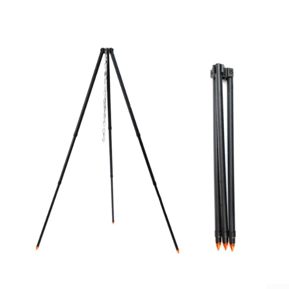 Trípode portátil para fogatas al aire libre con patas de aluminio ajustables en altura, uñas firmes para estabilidad del suelo y cadena ajustable para colgar utensilios de cocina