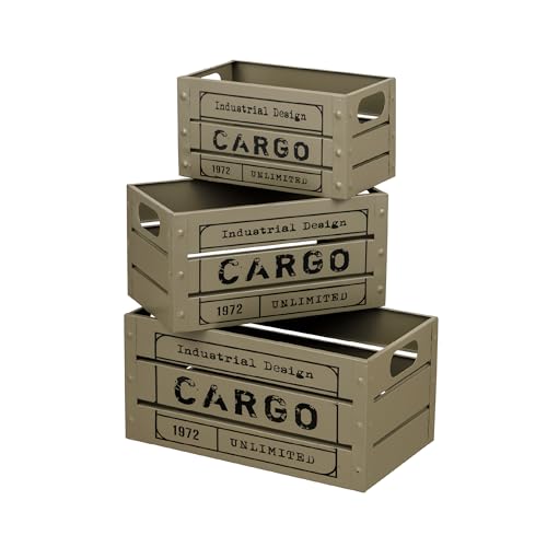 Baroni Home Juego de 3 cajas vintage para frutas y verduras, cajas de metal estilo industrial, contenedores multiusos apilables, cestas de almacenamiento rectangulares, color pardo, 37 x 21 x 18 cm