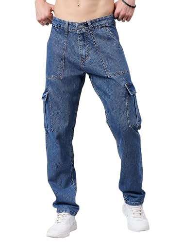 Image of STUDIO NEXX Men's Loose Fit Cargo Jeans | Non Stretchable | Cargo Denim for Men | Loose fit Cargos | Utility Pockets
