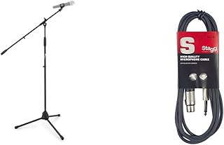 Tiger MCA68-BK Microphone Boom Stand, Mic Stand with Free Mic Clip - Black & Stagg SMC6 6 metre standard microphone cable