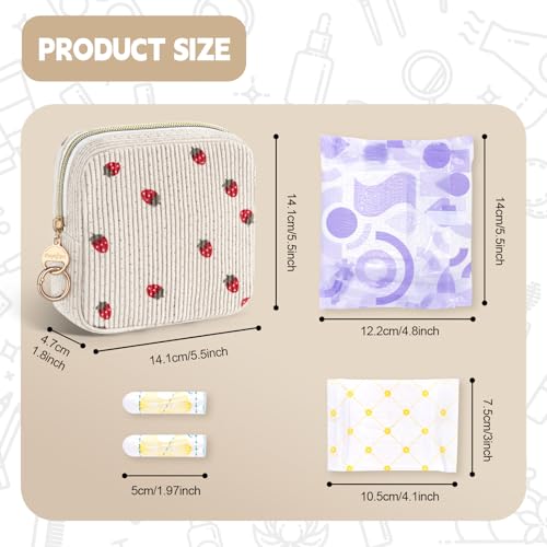 Image of First Period Kit for Teen Girls, Bow Tie Corduroy Cute Sanitary Napkin Storage Bag, Menstrual Pad Bag Tampon Holder for Purse, First Period Gifts, Birthday /Christmas Gifts (Strawberry)