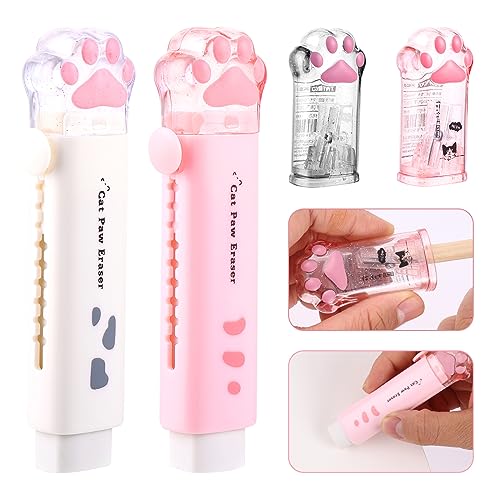Amaxiu Juego de 4 borradores de pata de gato y sacapuntas de pata de gato, lindas patas de gato, útiles escolares kawaii, borrador retráctil de dibujos animados, sacapuntas manual