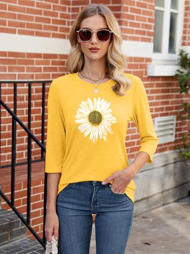 Chulianyouhuo Womens 3/4 Sleeve T Shirt Sunflower Graphic Tees Dandelion Flower Print Summer Casual Tops Blouse4